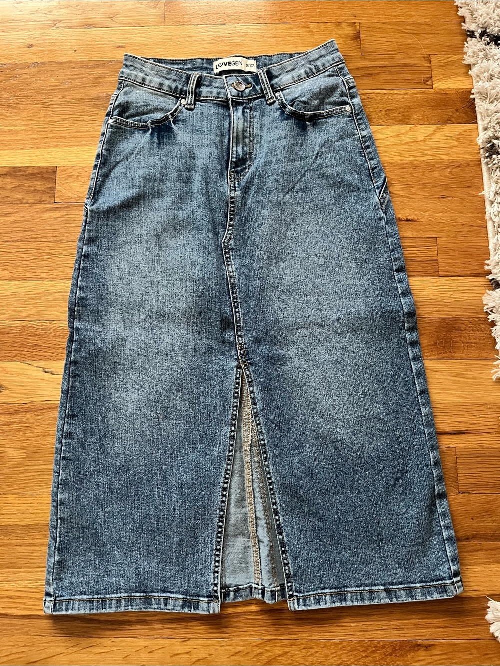 LoveGen Women’s Blue Straight Denim Midi Skirt with Center Front Slit